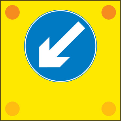 Slow-moving or stationary works vehicle blocking a traffic lane. Pass in the direction shown by the arrow